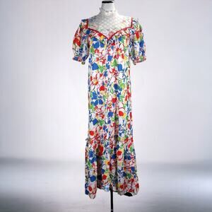 Vintage 70s Colorful Floral Muumuu Prairie Dress Size 14 Lace Yoke USA
